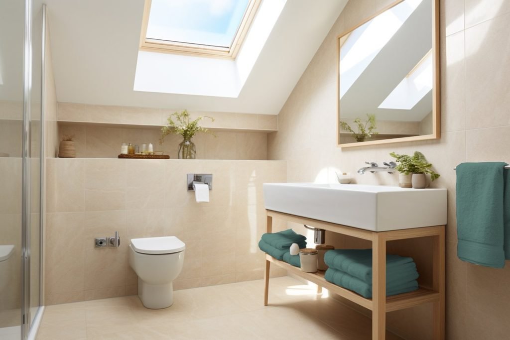 Baño reformado con ventana Velux y vater empotrado suspendido