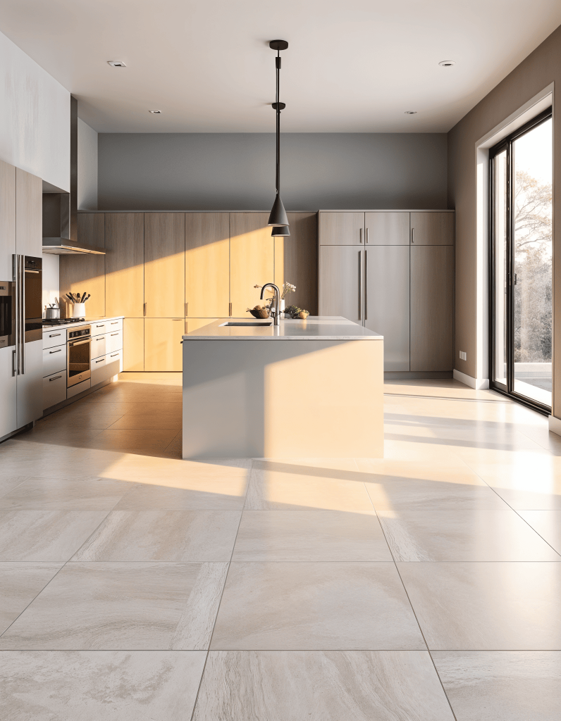 cocina con suelo porcelanico rectificado en gran formato